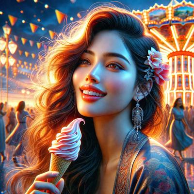 The primary subject of the image is a woman holding a cone of pink ice cream. She is smiling and appears to be enjoying the treat. The setting is a carnival, as indicated by the presence of a Ferris wheel in the background. The visual style is a digital art, with the woman and the ice cream cone being the main focus of the image. The colors are predominantly pink and white, creating a warm and cheerful atmosphere.